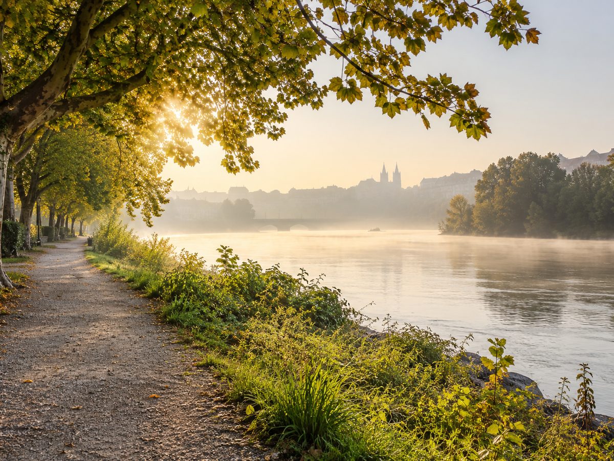 Spazierweg am Rhein bei Basel im Morgendunst